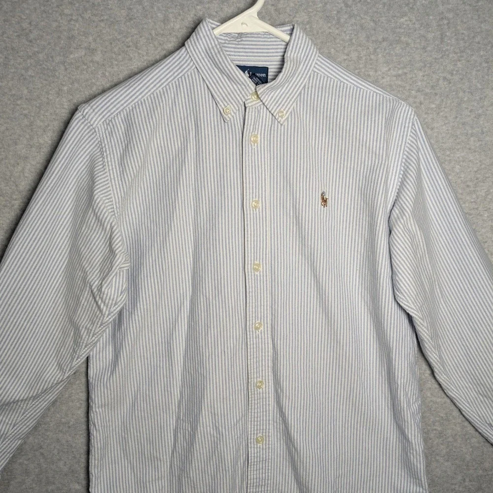 Ralph Lauren Boys Blue White Striped Oxford Button Down Shirt Size 14 Cotton